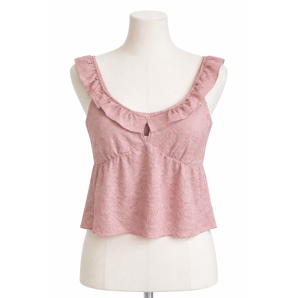Womens Pink Lace Tank Top Ruffle Straps Sleeveless Square Neck‎